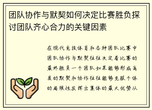团队协作与默契如何决定比赛胜负探讨团队齐心合力的关键因素