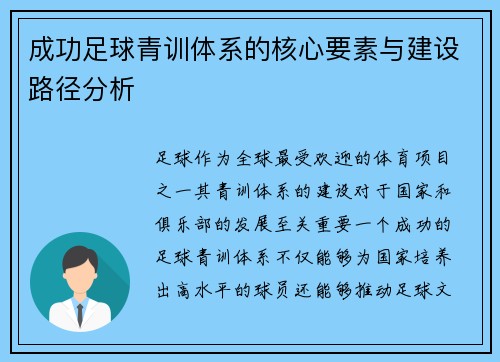 成功足球青训体系的核心要素与建设路径分析