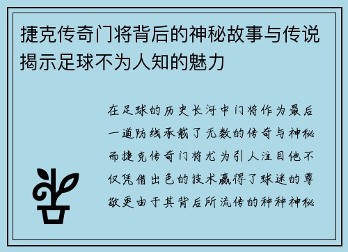 捷克传奇门将背后的神秘故事与传说揭示足球不为人知的魅力